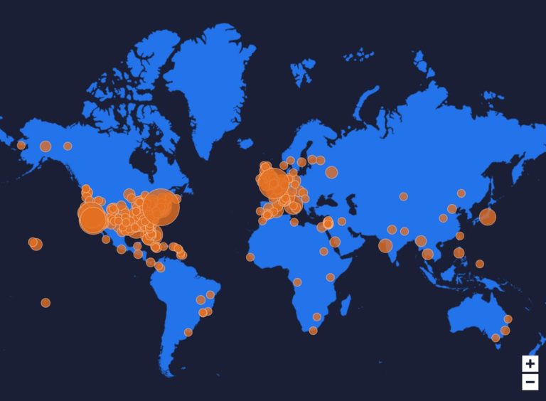 Interaktywna mapa pokazująca, jakie miasta są wymieniane w piosenkach najczęściej.
